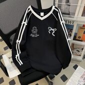 新款 胖mm大码 蝴蝶结V领卫衣女秋季 设计感显瘦宽松300斤外套上衣服