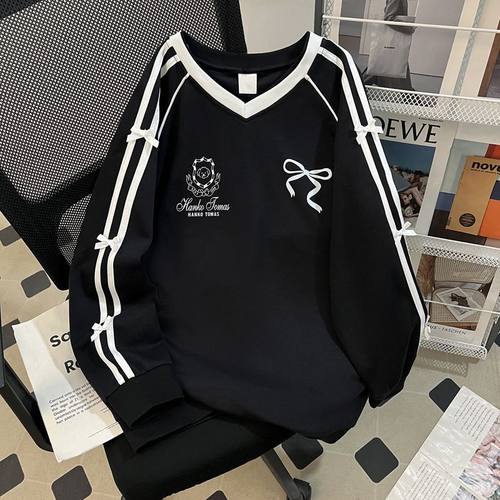 胖mm大码蝴蝶结V领卫衣女