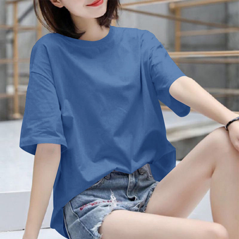 纯棉T恤短袖女纯色大码宽松夏季韩版百搭圆领体恤洋气半袖上衣服