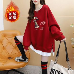 加绒宽松大码中长款长袖上衣韩版休闲圆领300斤胖mm假两件卫衣女