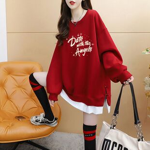 宽松长袖 新中式 胖mm休闲圆领韩版 大码 上衣 国风假两件卫衣女中长款