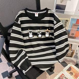 休闲ins懒惰复古情侣条纹卫衣女秋冬新款宽松大码300斤外套上衣服