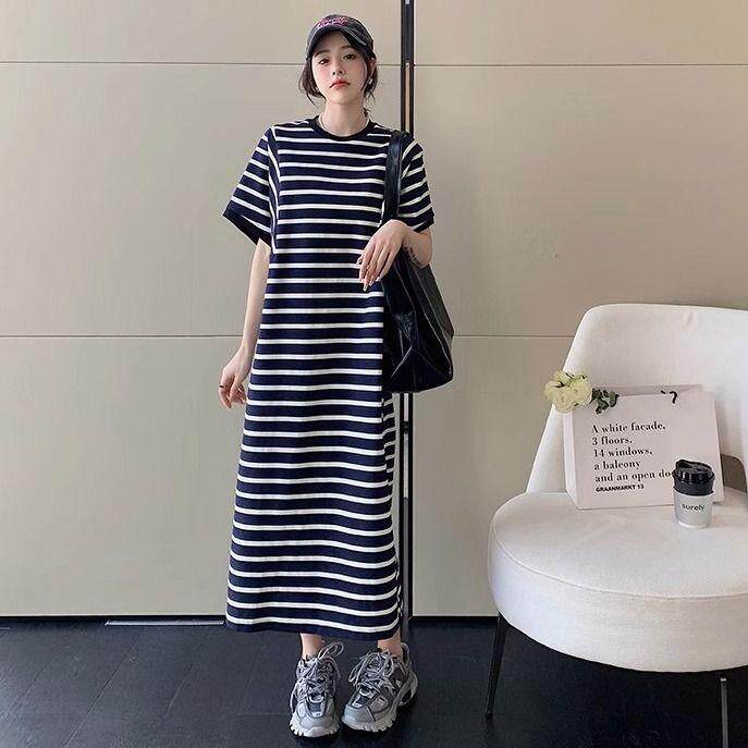 夏装新款韩版条纹过膝连衣裙女短袖宽松休闲口袋中长款t恤懒人裙