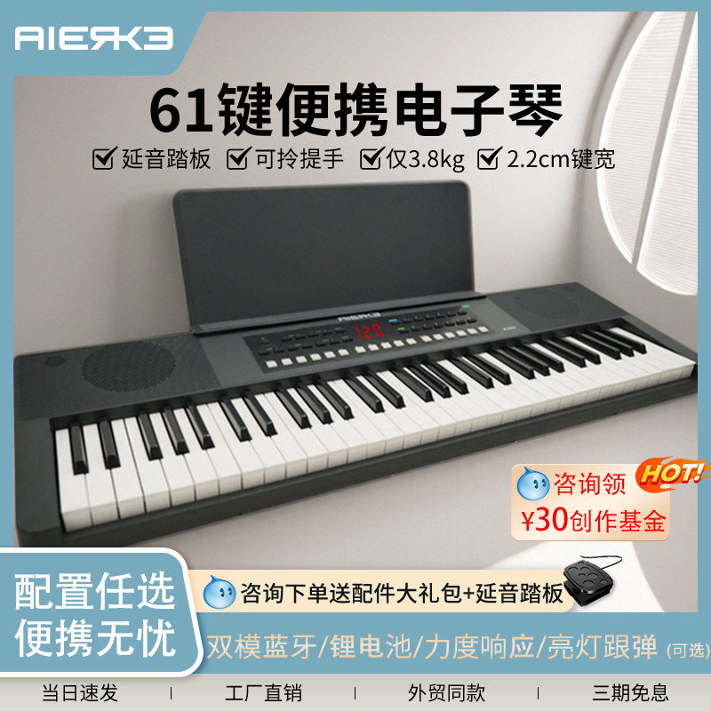 爱尔科电子琴初学者61键便携式入门专业考级成年幼师儿童教学K190