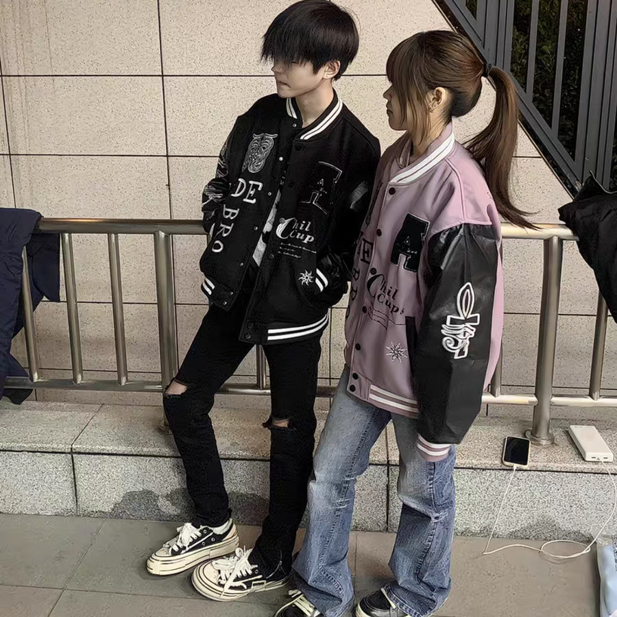 美式复古字母刺绣拼色棒球服夹克男女宽松潮牌立领情侣高街外套潮