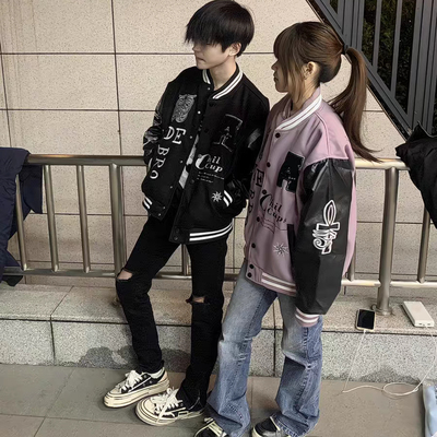 美式复古字母刺绣拼色棒球服夹克男女宽松潮牌立领情侣高街外套潮
