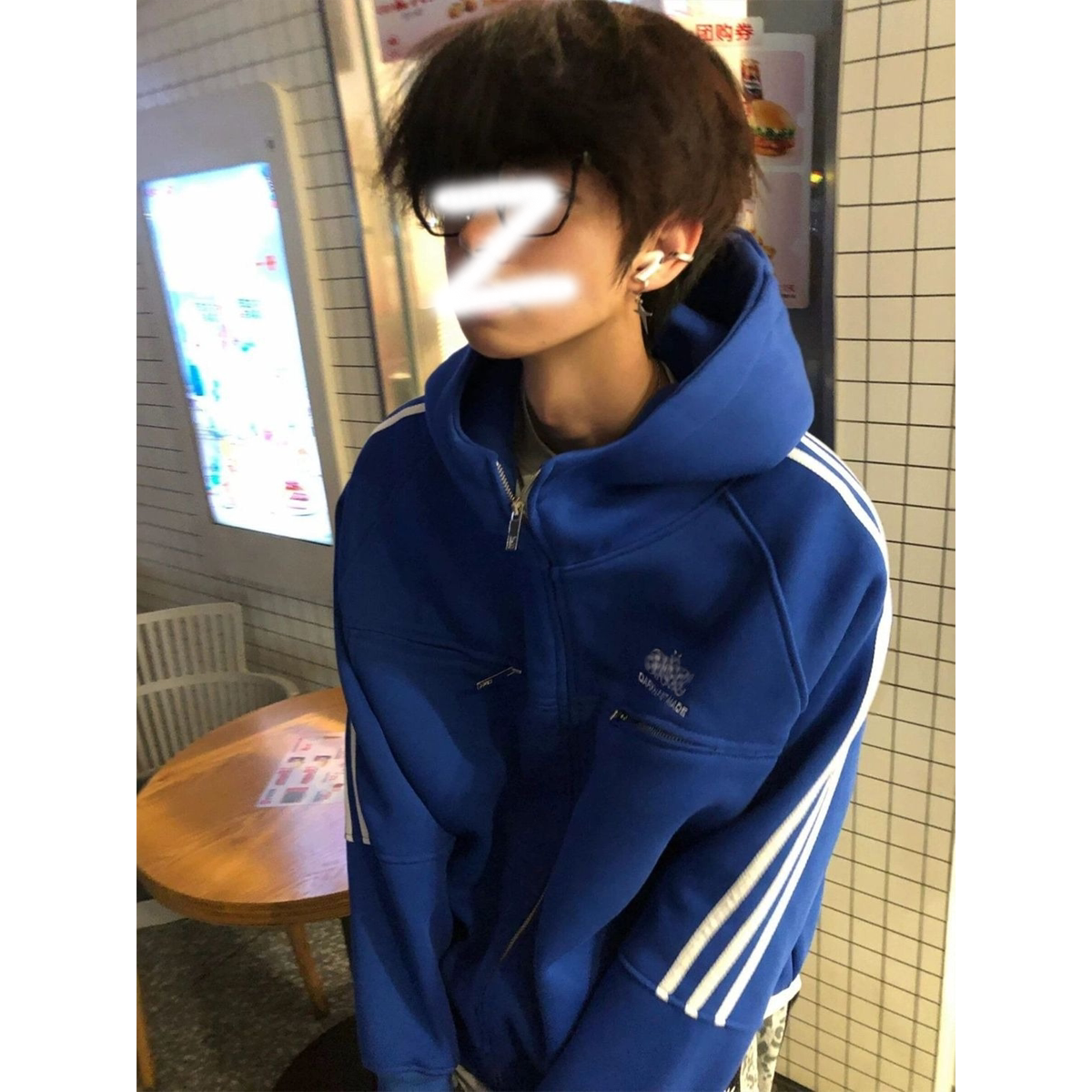 国潮牌蓝色连帽卫衣男女情侣装宽松刺绣拉链休闲运动外套条纹长袖
