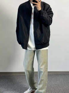 春秋痞帅拉链飞行夹克男美式 高街网红潮牌宽松黑色简约棒球服外套
