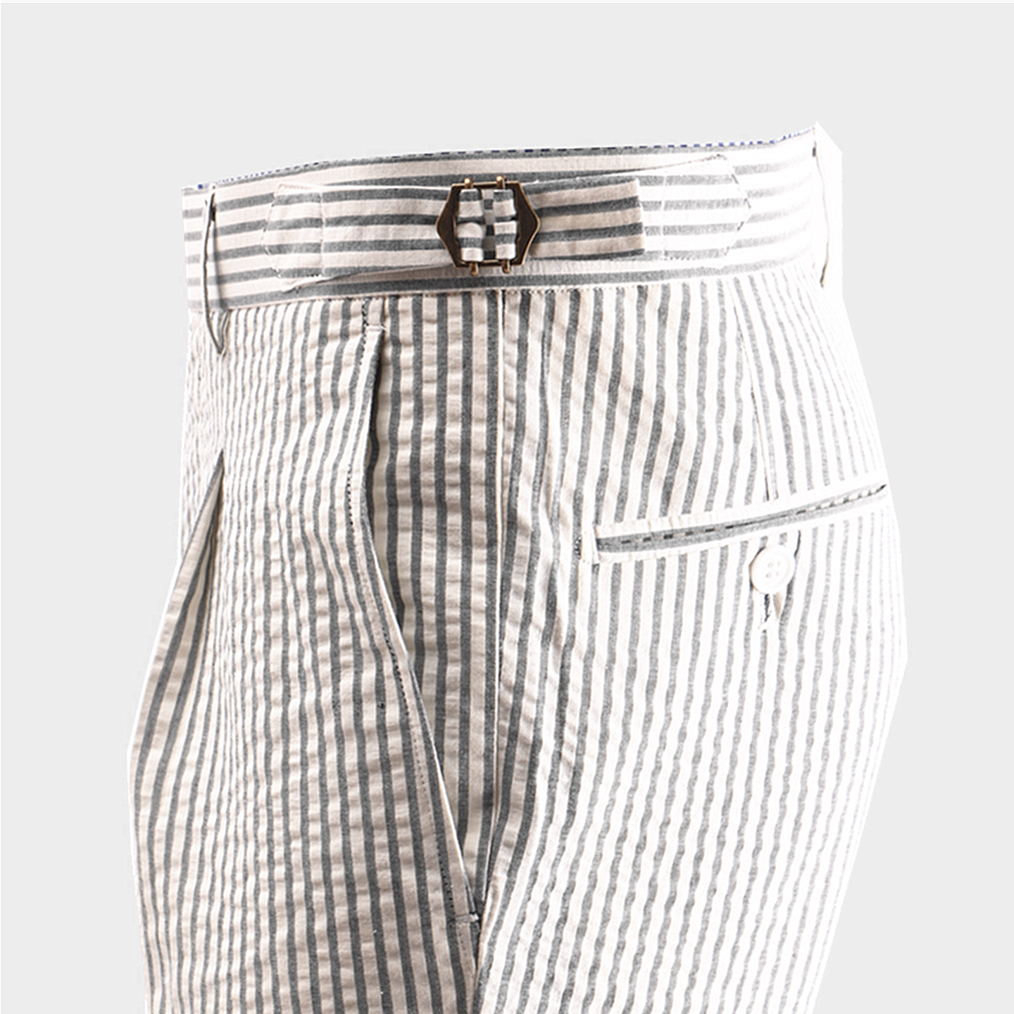 夏季 米白色那不勒斯修身休闲男西裤条纹泡泡纱流行中腰小直筒裤