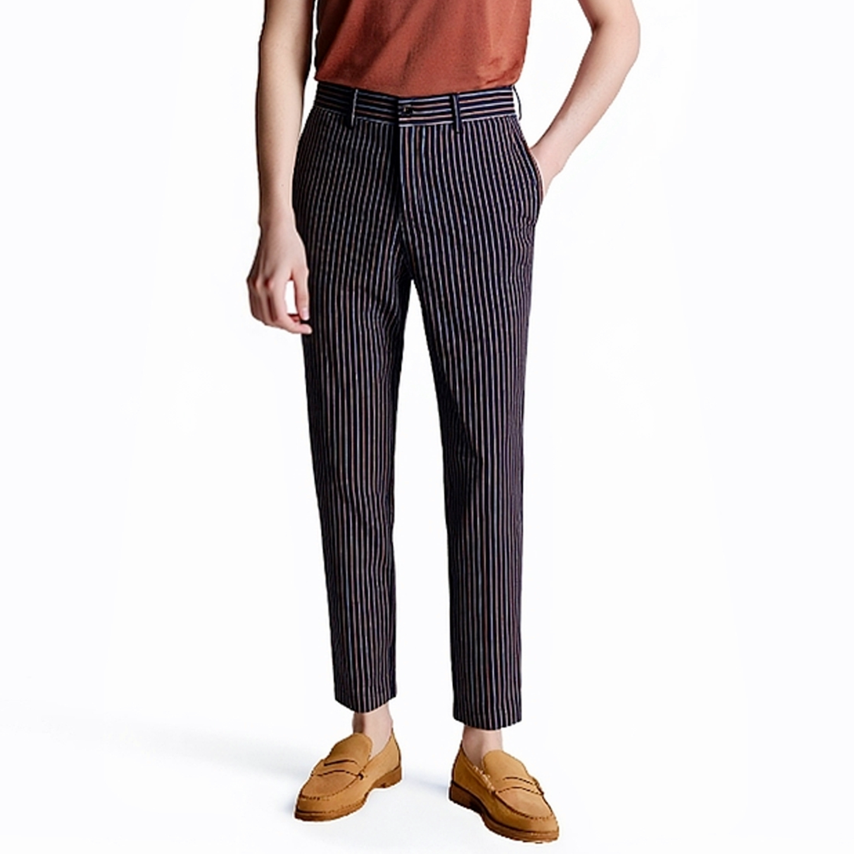 春秋新品潮男藏青色条纹中腰修身商务休闲九分裤复古纯棉小脚裤