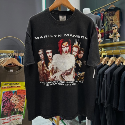 Marilyn Manson暗黑哥特风短袖T恤美式复古oversize潮流落肩半袖