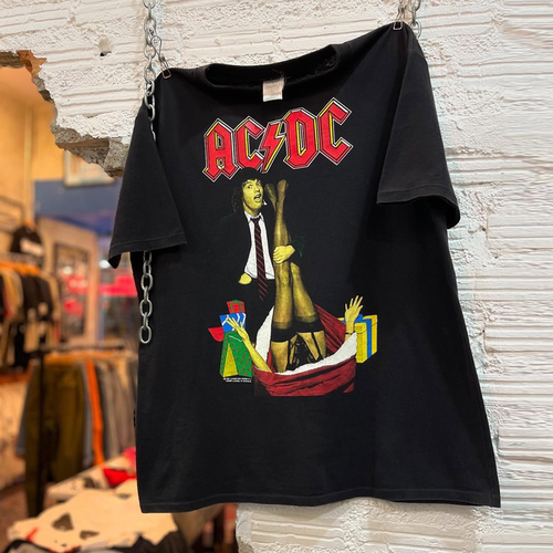 AC/DC乐队美式街头vintage古着重机车风post-punk小领口短袖T恤潮