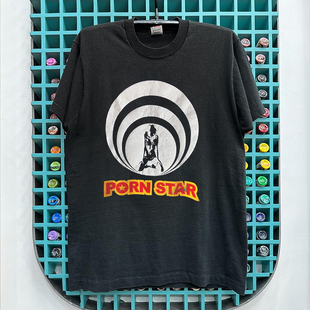 Porn Star美式潮牌小领口短袖T恤vintage古着感重磅棉五分袖ins夏