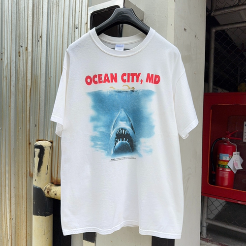 OCEAN CITY大白鲨美式复古街头风oversize插画趣味重磅棉短袖T恤
