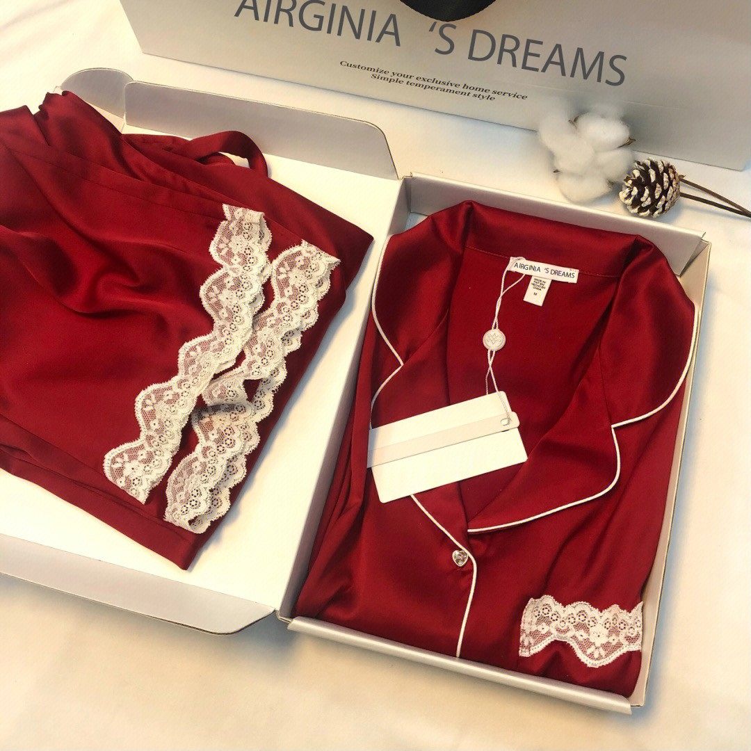 桑蚕丝真丝睡衣女长袖蕾丝新婚结婚本命年红色送闺蜜礼盒装家居服