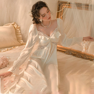 桑蚕丝性感睡衣女春秋款长款长袖法式纯欲宫廷风春带胸垫真丝睡裙
