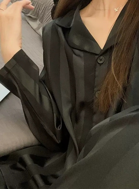 桑蚕丝真丝睡衣女春秋季2026年新款长袖黑色条纹简约印花家居服