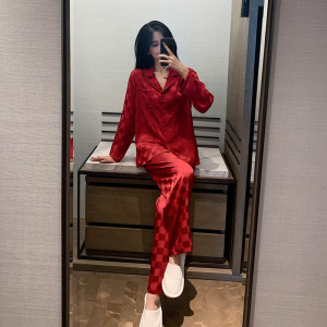 桑蚕丝真丝睡衣女春夏秋季红色本命年棋盘格子高级感家居服套装