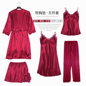 桑蚕丝真丝睡衣女夏秋性感红色结婚睡裙本命年五件套装 晨袍家居服