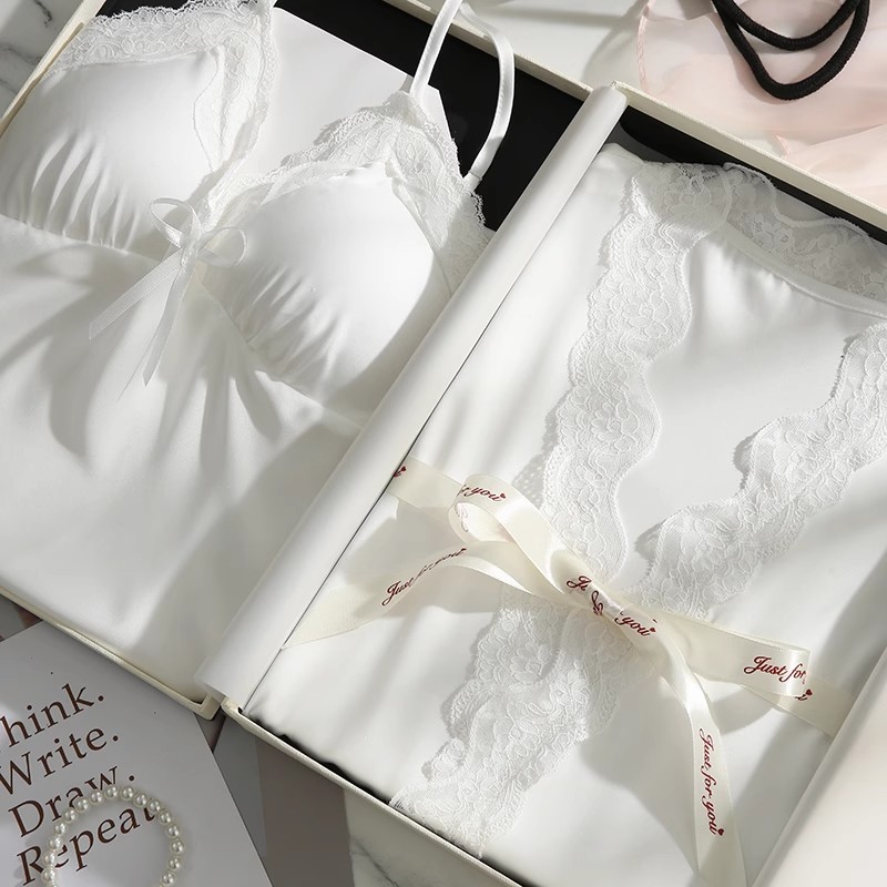 桑蚕丝睡衣女春秋季真丝薄款性感蕾丝带胸垫睡裙睡袍两件套家居服