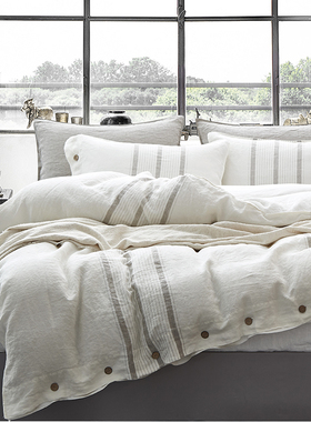 法国进口白色纯亚麻四件套北欧100%全亚麻被套棉麻床单床上用品4