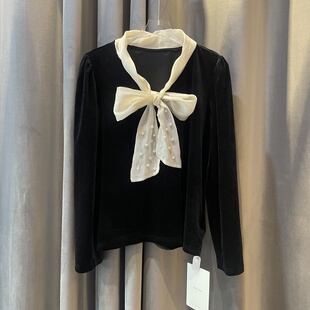 春秋季 长袖 上衣T恤领口飘带钉珠金丝绒