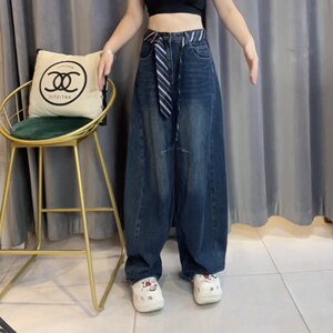 【蓝贝儿】5262秋装休闲风撞色条纹丝带弯刀裤牛仔裤(配皮带)