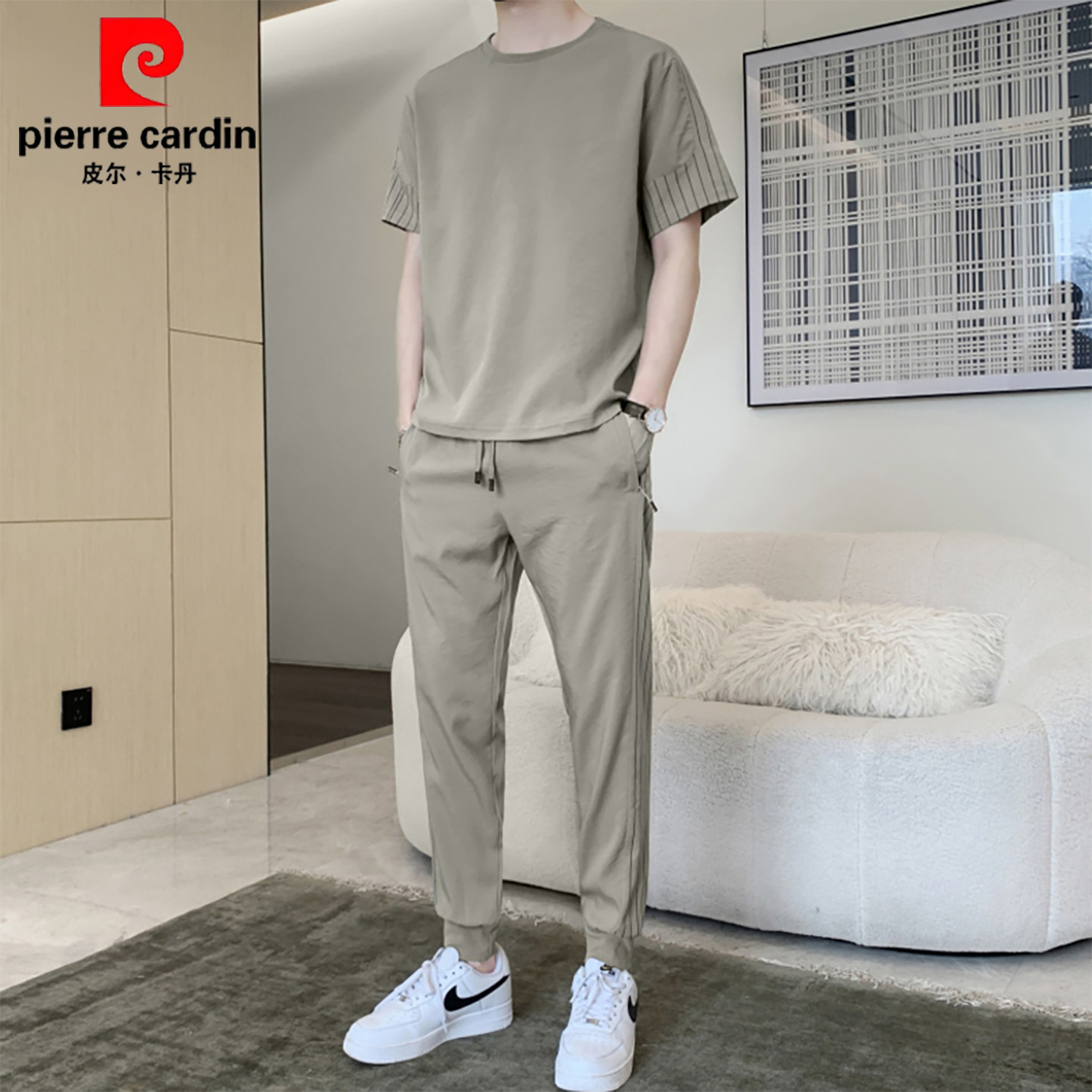 皮尔卡丹休闲运动套装男士夏季薄款冰丝短袖t恤搭配帅气一套潮流