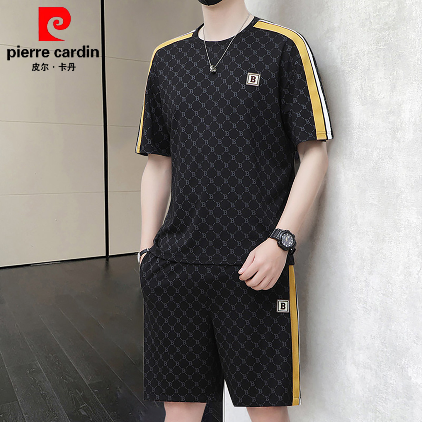 皮尔卡丹冰丝短袖t恤男士套装夏季潮流搭配运动休闲短裤一套男装