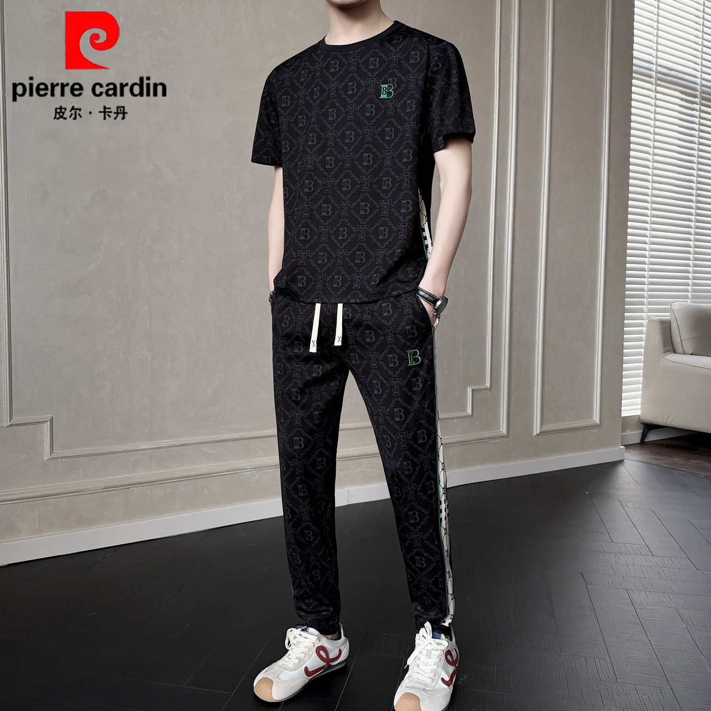 皮尔卡丹冰丝短袖t恤男士套装2026夏季新款运动休闲潮牌搭配一套
