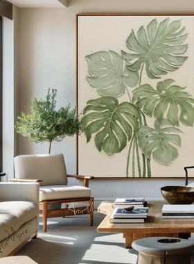 大芬村纯手绘油画抽象绿色植物家大叶大肌理感客厅挂画走廊装饰画