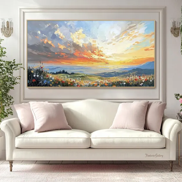 大芬村纯手绘油画抽象花卉日出风景轻奢客厅装饰画办公室餐厅挂画图片