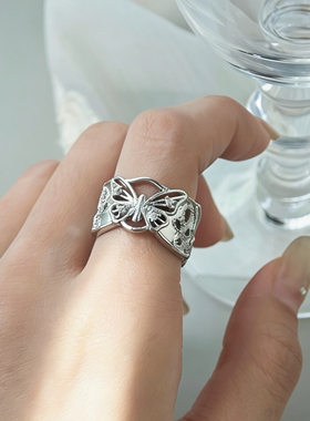 高级感缕空蝴蝶结花朵银色戒指女复古轻奢时尚气质百搭指环戒子