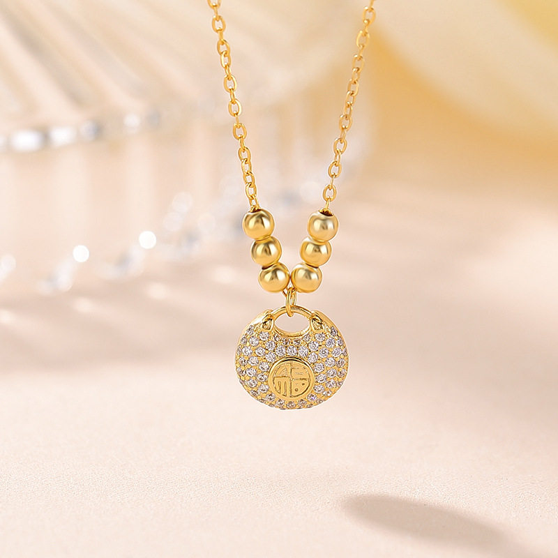 壹鹿银S925纯银镀金时尚气质福袋铜钱吊坠新中式气质锁骨链银套链