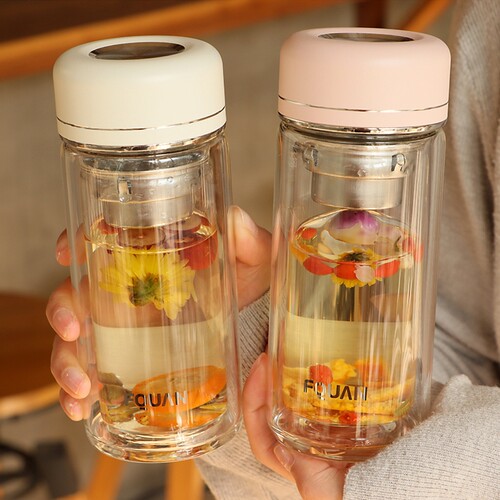 双层隔热玻璃水杯带茶隔加厚