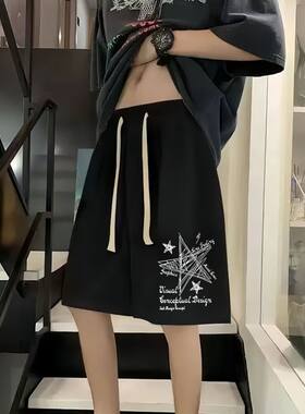 港风青少年短裤夏季宽松裤子男款学生五分裤中裤运动裤黑色休闲裤