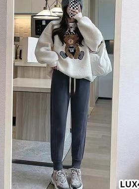 澳洲AUSLUX加绒运动裤女宽松束脚保暖纯棉卫裤秋冬羊羔绒休闲裤