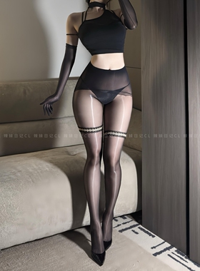辣妹日记CL「光痕」极光油亮无缝裆提花蕾丝腿环性感黑丝连裤袜女