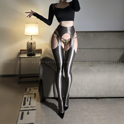 四面镂空金属银油亮光泽裤黑丝袜