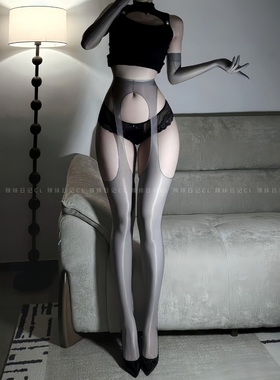辣妹日记CL「浮影」四面镂空油亮灰色丝袜吊带一体性感长筒黑丝女