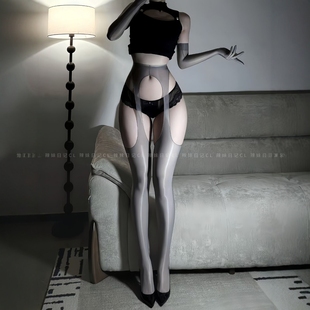 辣妹日记CL「浮影」四面镂空油亮灰色丝袜吊带一体性感长筒黑丝女