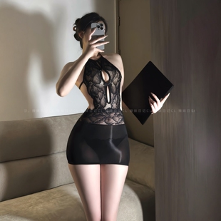 辣妹日记CL「木槿」油光大露背蕾丝黑色油亮丝袜紧身连体包臀衣丝