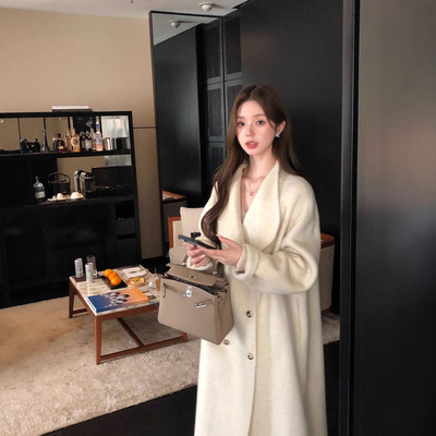 白色双面羊绒呢大衣女中长款2025冬季感双排扣立领羊毛呢外套