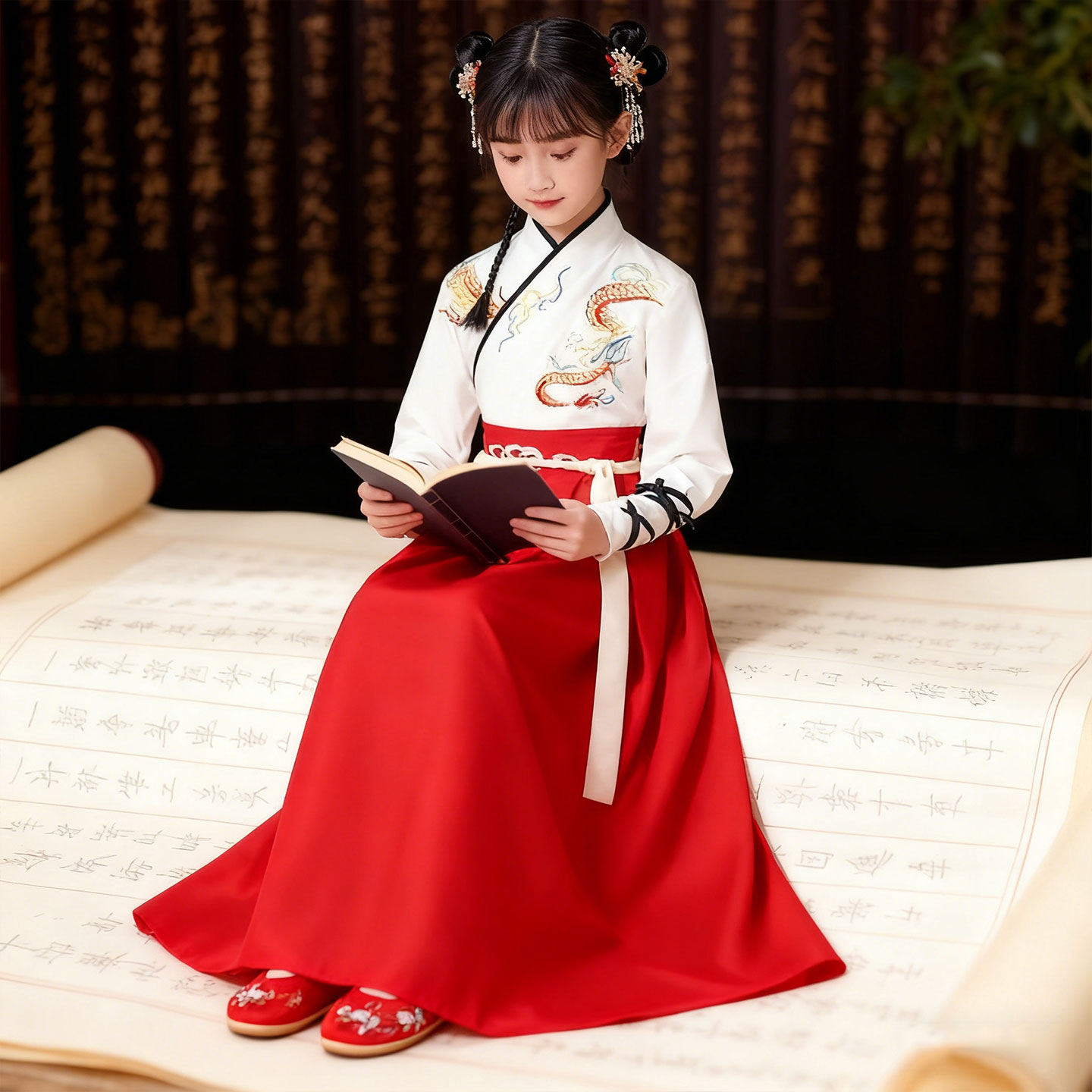 红色中国龙扇子舞演出服