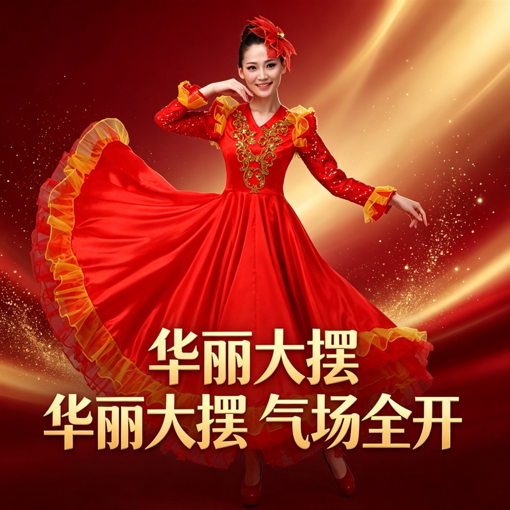  喜庆民族风舞蹈演出服女红黄色大摆裙灯火里的中国盛世欢歌集体