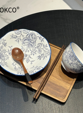 ZEOKCO蓝繁花一人食餐具套装高颜值花边陶瓷碗碟家用耐高温可微波