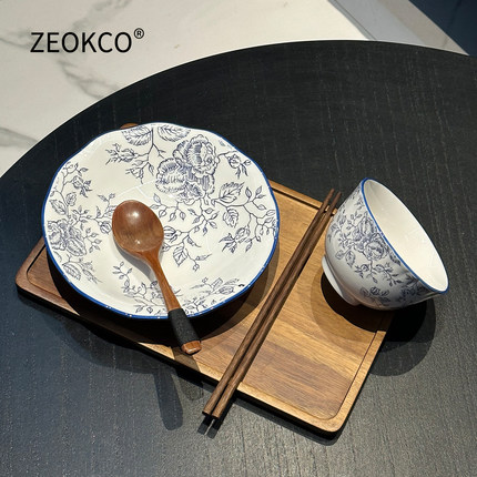 ZEOKCO蓝繁花一人食餐具套装高颜值花边陶瓷碗碟家用耐高温可微波