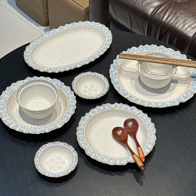 ENO创意花边窑变釉下彩陶瓷餐盘饭盘米饭碗汤碗早餐点心盘家用