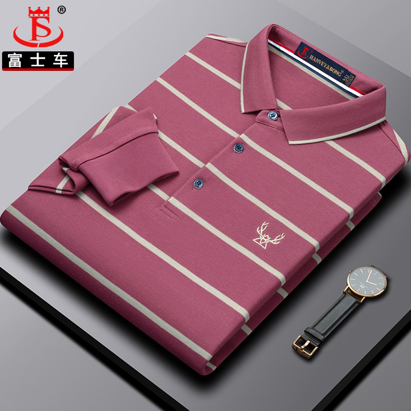 中年爸爸长袖t恤男士春秋翻领上衣条纹高端中老年纯棉polo衫男装