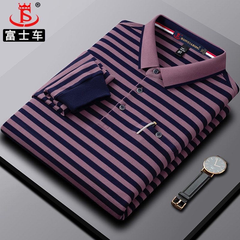 爸爸长袖t恤纯棉新款品牌翻领中年男士Polo衫条纹春秋40-50岁男装